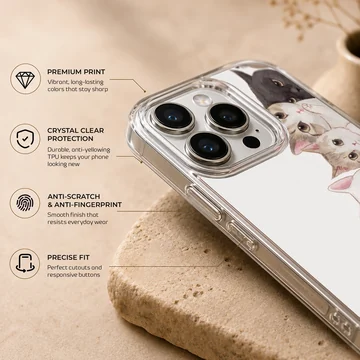 An illustration of a vertical stack of charming cats and kittens on a phone case — Info