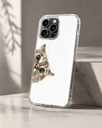 Peeking cat with large blue eyes illustrated on a phone case