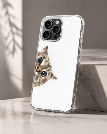 Peeking cat with large blue eyes illustrated on a phone case — Hero