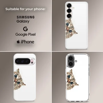 Peeking cat with large blue eyes illustrated on a phone case — Collage