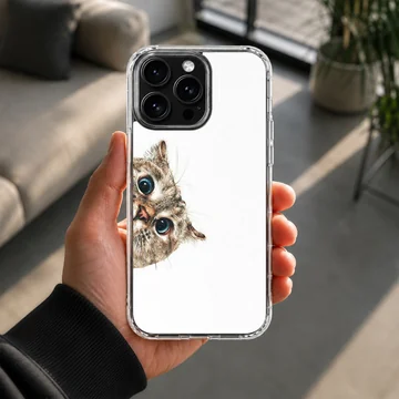Peeking cat with large blue eyes illustrated on a phone case — Lifestyle