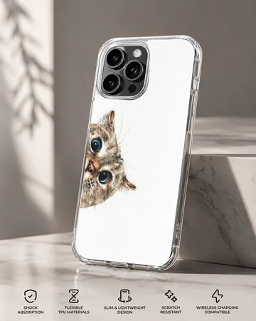 Peeking cat with large blue eyes illustrated on a phone case — Specs