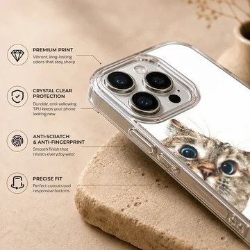 Peeking cat with large blue eyes illustrated on a phone case — Info