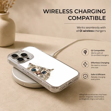 Peeking cat with large blue eyes illustrated on a phone case — Charging
