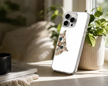 Peeking cat with large blue eyes illustrated on a phone case — Lifestyle