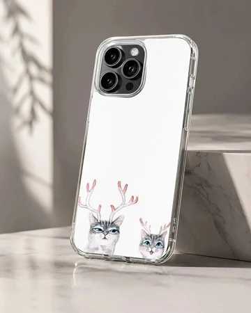 Two illustrated gray tabby cats wearing delicate pink reindeer antlers on a crisp white background phone case