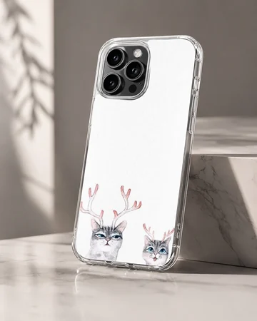 Two illustrated gray tabby cats wearing delicate pink reindeer antlers on a crisp white background phone case — Hero