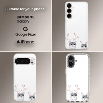 Two illustrated gray tabby cats wearing delicate pink reindeer antlers on a crisp white background phone case — Collage