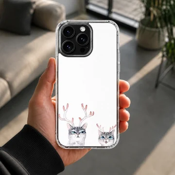 Two illustrated gray tabby cats wearing delicate pink reindeer antlers on a crisp white background phone case — Lifestyle