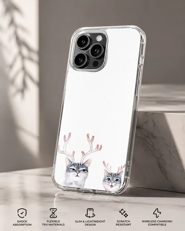 Two illustrated gray tabby cats wearing delicate pink reindeer antlers on a crisp white background phone case — Specs
