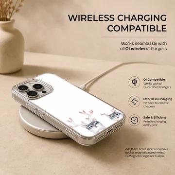 Two illustrated gray tabby cats wearing delicate pink reindeer antlers on a crisp white background phone case — Charging