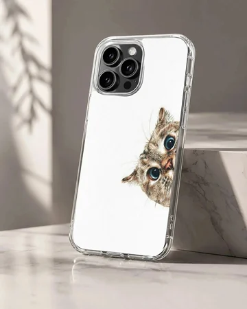 A curious tabby cat peeking out from the side with big blue eyes on a phone case