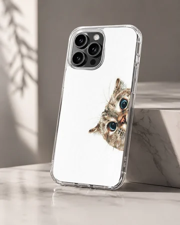 A curious tabby cat peeking out from the side with big blue eyes on a phone case — Hero