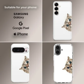 A curious tabby cat peeking out from the side with big blue eyes on a phone case — Collage