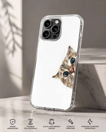 A curious tabby cat peeking out from the side with big blue eyes on a phone case — Specs
