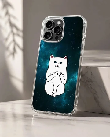 A white cartoon cat with blue eyes making a cheeky gesture against a dark teal cosmic galaxy background phone case