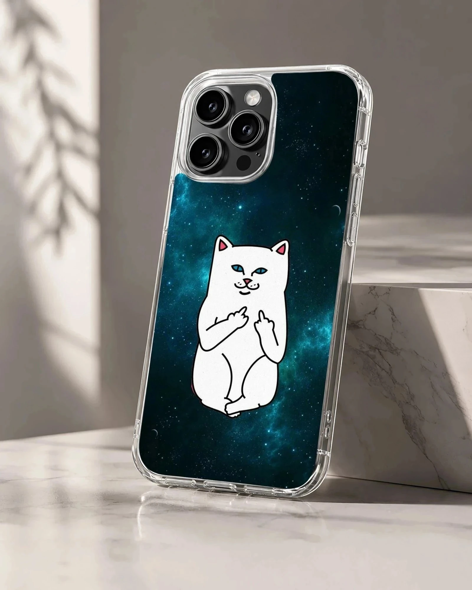 A white cartoon cat with blue eyes making a cheeky gesture against a dark teal cosmic galaxy background phone case