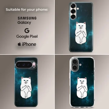 A white cartoon cat with blue eyes making a cheeky gesture against a dark teal cosmic galaxy background phone case — Collage