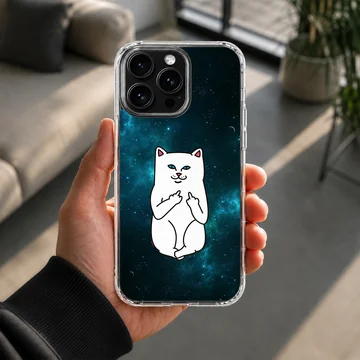 A white cartoon cat with blue eyes making a cheeky gesture against a dark teal cosmic galaxy background phone case — Lifestyle