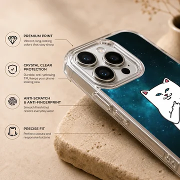 A white cartoon cat with blue eyes making a cheeky gesture against a dark teal cosmic galaxy background phone case — Info