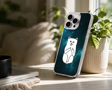 A white cartoon cat with blue eyes making a cheeky gesture against a dark teal cosmic galaxy background phone case — Lifestyle