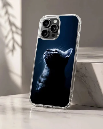 A detailed photographic print of a black cat in silhouette against a dark blue background on a phone case