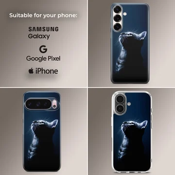 A detailed photographic print of a black cat in silhouette against a dark blue background on a phone case — Collage