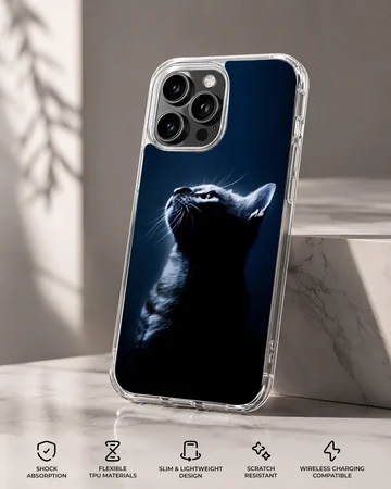 A detailed photographic print of a black cat in silhouette against a dark blue background on a phone case — Specs