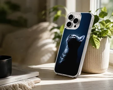 A detailed photographic print of a black cat in silhouette against a dark blue background on a phone case — Lifestyle