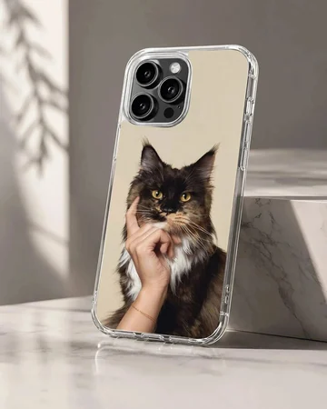 Cat 401 cute pet phone case featuring a fluffy dark cat resting its chin on a hand