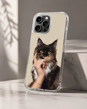 Cat 401 cute pet phone case featuring a fluffy dark cat resting its chin on a hand — Hero