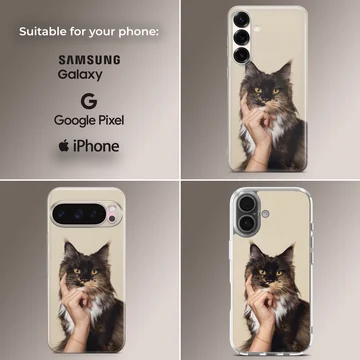 Cat 401 cute pet phone case featuring a fluffy dark cat resting its chin on a hand — Collage