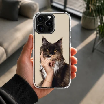 Cat 401 cute pet phone case featuring a fluffy dark cat resting its chin on a hand — Lifestyle