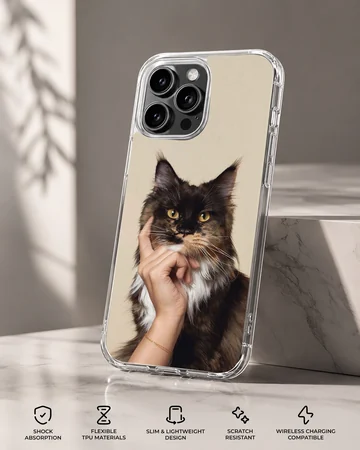 Cat 401 cute pet phone case featuring a fluffy dark cat resting its chin on a hand — Specs