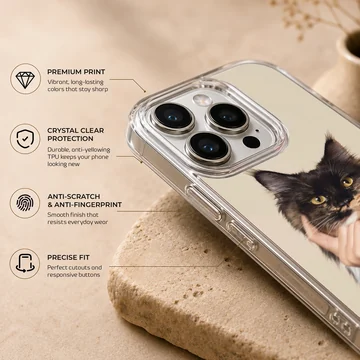 Cat 401 cute pet phone case featuring a fluffy dark cat resting its chin on a hand — Info