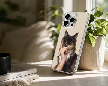 Cat 401 cute pet phone case featuring a fluffy dark cat resting its chin on a hand — Lifestyle