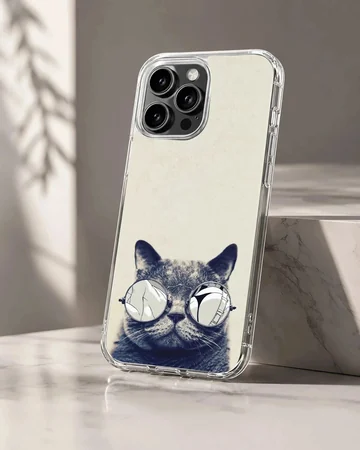 A close-up of a furry cat wearing round sunglasses on a phone case