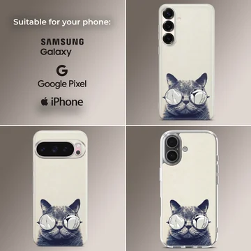 A close-up of a furry cat wearing round sunglasses on a phone case — Collage