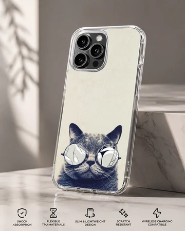 A close-up of a furry cat wearing round sunglasses on a phone case — Specs