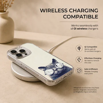 A close-up of a furry cat wearing round sunglasses on a phone case — Charging