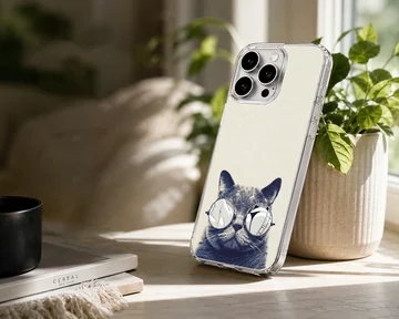 A close-up of a furry cat wearing round sunglasses on a phone case — Lifestyle