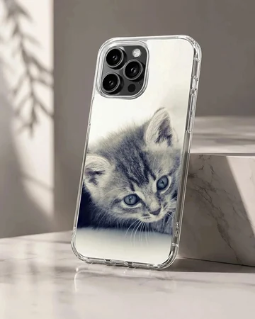 Close-up black and white photography of a sleepy tabby kitten with soft whiskers on a phone case