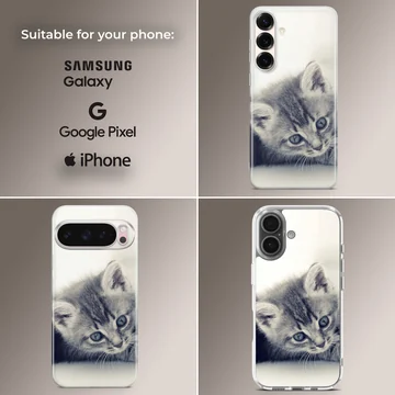 Close-up black and white photography of a sleepy tabby kitten with soft whiskers on a phone case — Collage