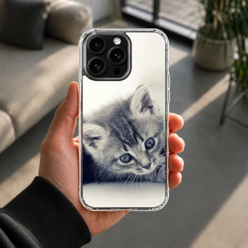 Close-up black and white photography of a sleepy tabby kitten with soft whiskers on a phone case — Lifestyle