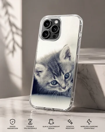 Close-up black and white photography of a sleepy tabby kitten with soft whiskers on a phone case — Specs