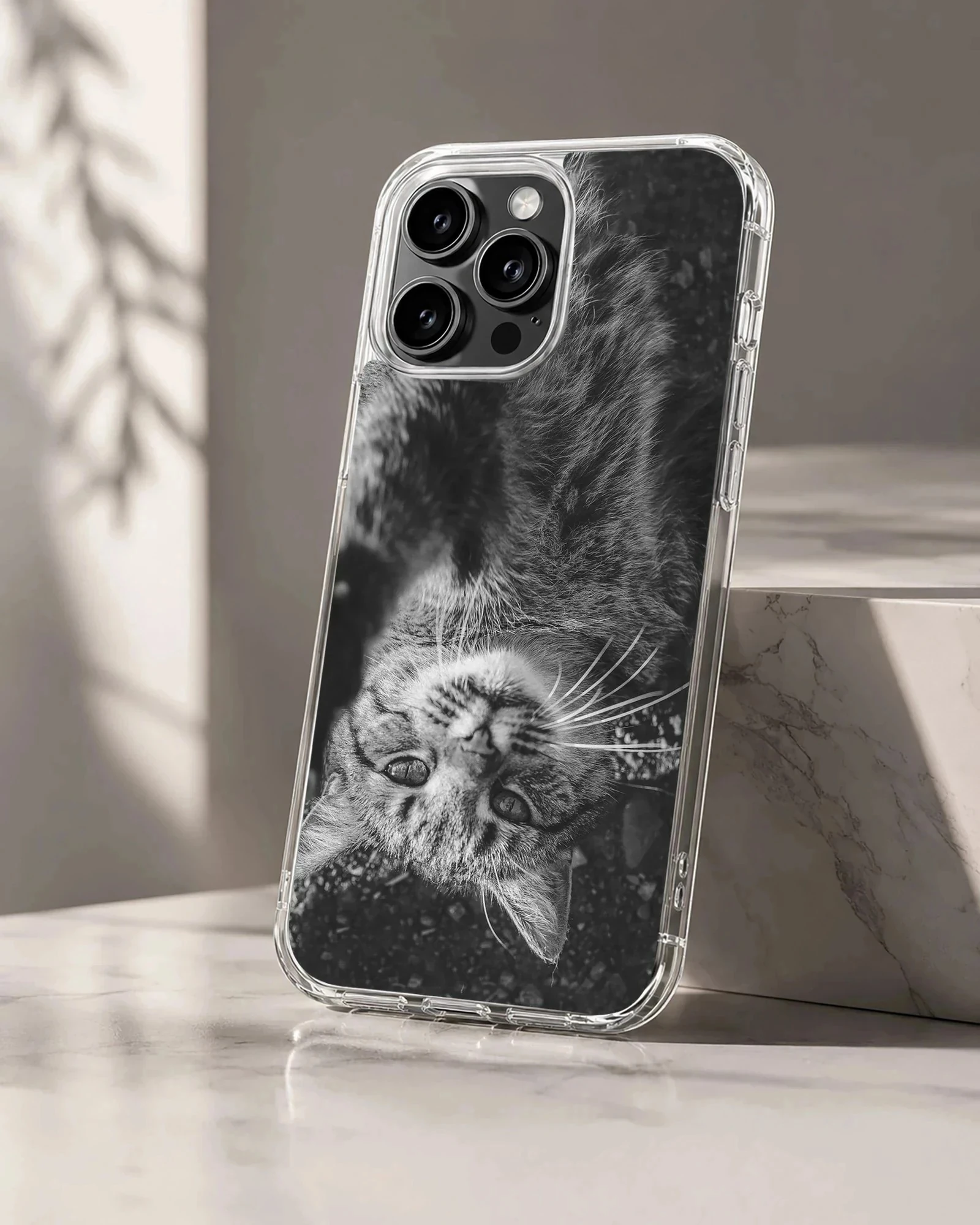 Black and white photographic print of a fluffy cat looking upside down on a phone case