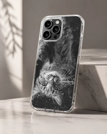 Black and white photographic print of a fluffy cat looking upside down on a phone case — Hero