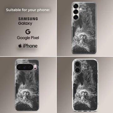 Black and white photographic print of a fluffy cat looking upside down on a phone case — Collage