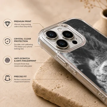 Black and white photographic print of a fluffy cat looking upside down on a phone case — Info