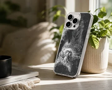 Black and white photographic print of a fluffy cat looking upside down on a phone case — Lifestyle